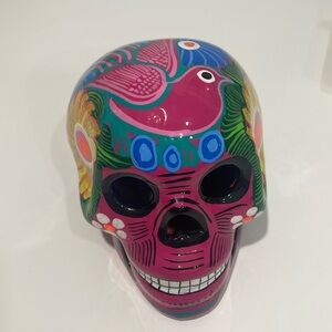 Day of the Dead Pink/Black/Yellow Flower/Birds Ceramic SKULL Art Decor